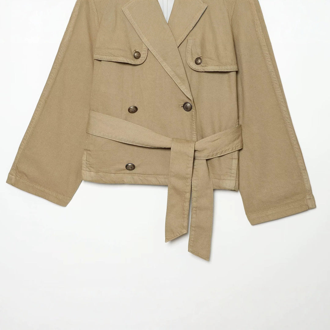 Women's short trench coat with double-breasted button placket, shoulder epaulets, and waist belt Drune