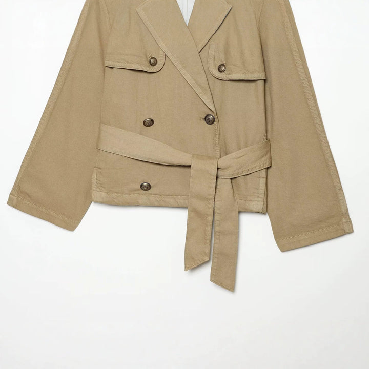 Women's short trench coat with double-breasted button placket, shoulder epaulets, and waist belt Drune