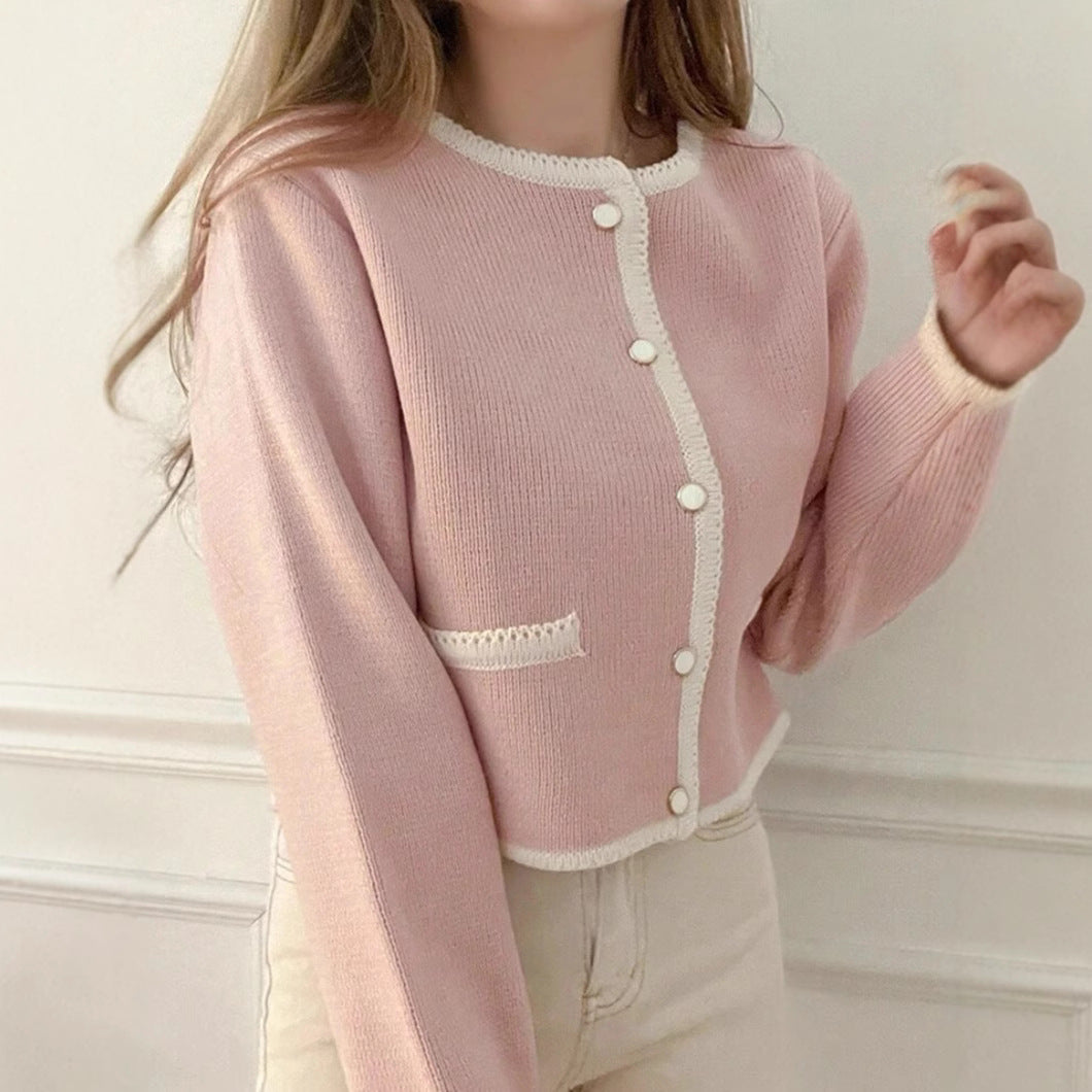 Women Short-Cut Ribbed Cardigan with Contrast Crochet Trim, Decorative Button Placket and Pocket Trim Mune Fashion