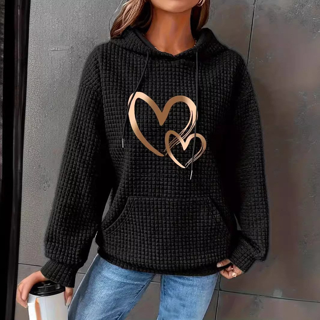 Women's hooded sweatshirt with waffle structure, kangaroo pocket and metallic heart print Mune Fashion