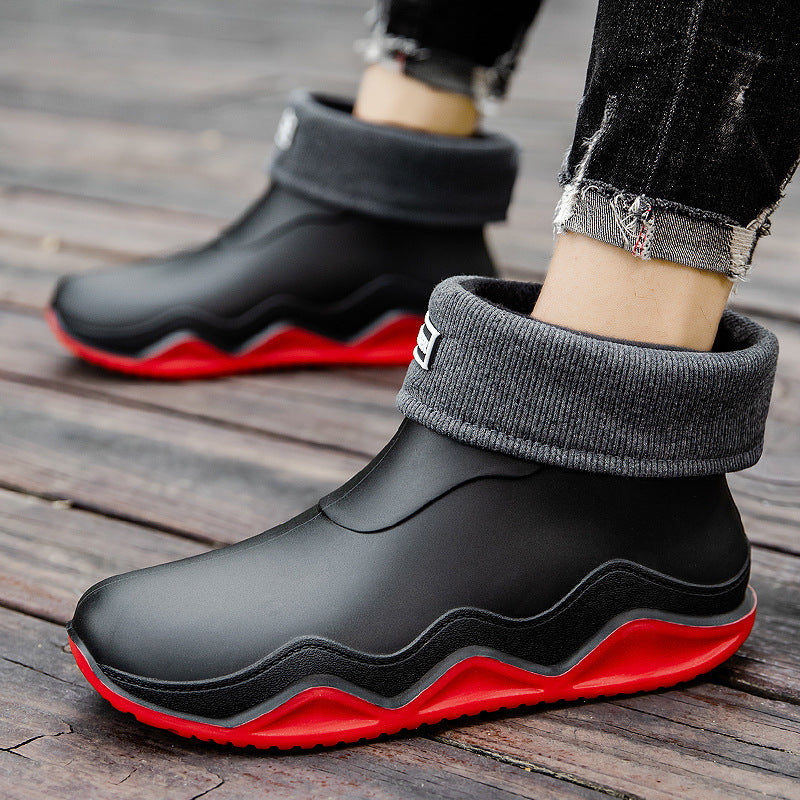 Women's Waterproof Slip-On Ankle Rubber Boot with Rolled Knit Collar Mune Fashion
