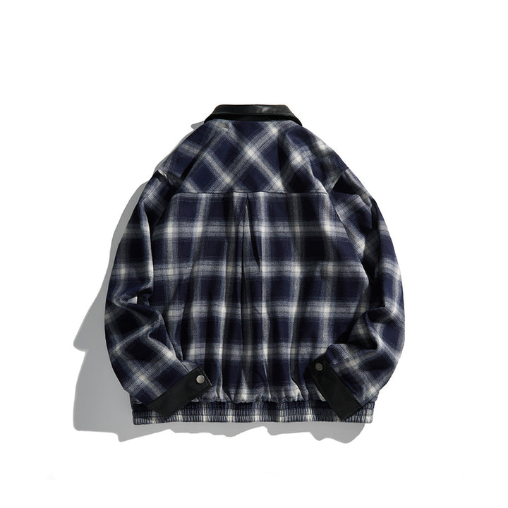 Men's Checkered Overshirt Jacket made of Flannel with Faux Leather Details and Snap Button Placket Mune Fashion