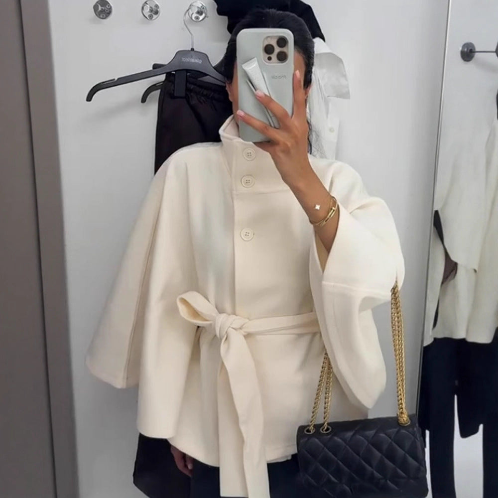 Women Elegant Wool Cape with Waist Belt, Standing Collar and Concealed Button Placket Mune Fashion