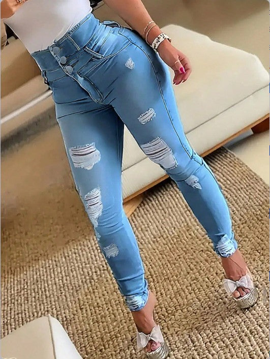 Women's High-Waisted Sculpting Skinny Jeans with Rips and Triple Button Mune Fashion