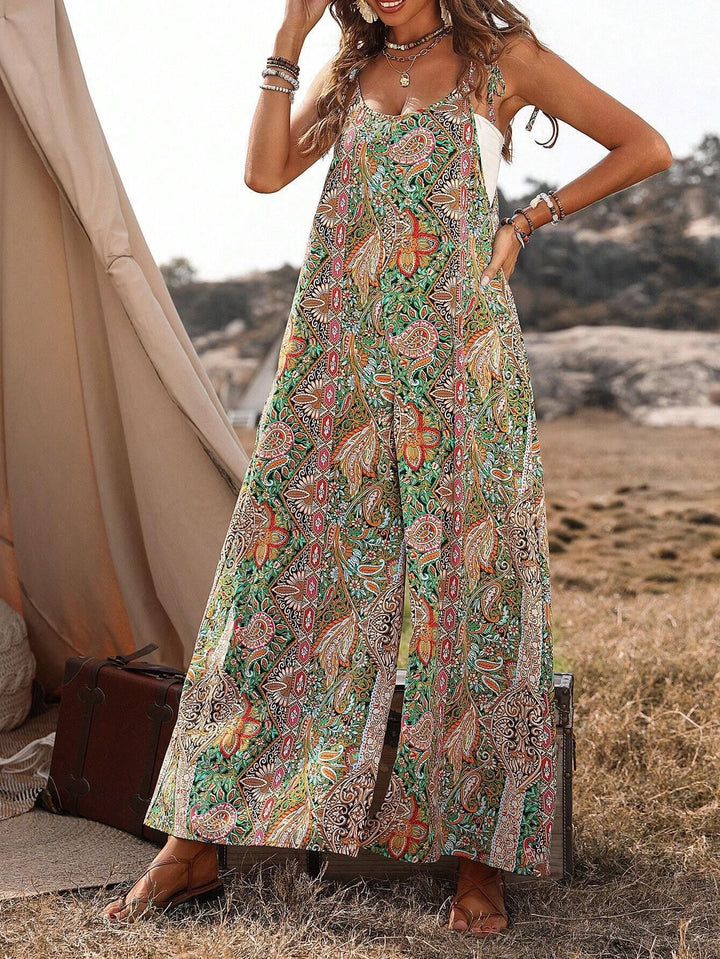 Women's Wide Palazzo Jumpsuit with Adjustable Straps, Side Pockets and Boho Print Mune Fashion