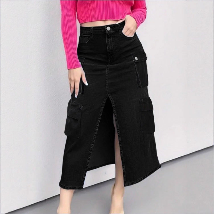 Women's cargo jeans midi skirt with front slit and patch cargo pockets Mune Fashion