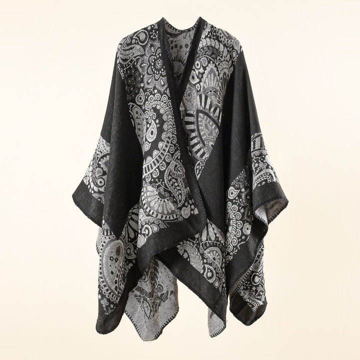 Women's jacquard overlay with paisley pattern and open kimono drape