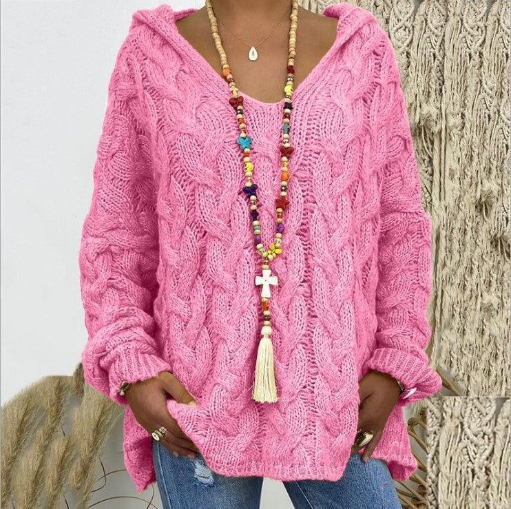 Women’s oversized hooded sweater with cable knit pattern, deep V-neck and side slits Mune Fashion
