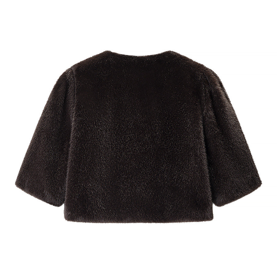 Ladies Short-Cut Faux Fur Bolero with 3/4 Sleeves Mune Fashion