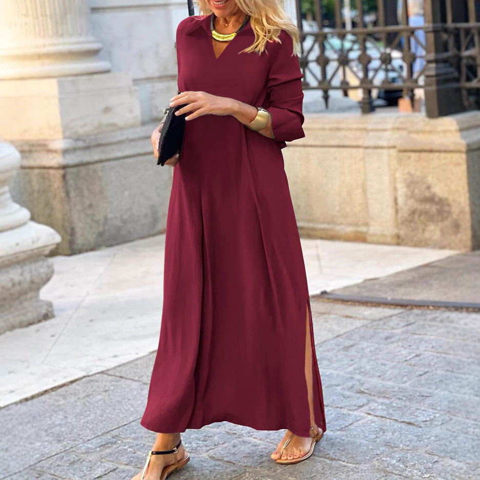 Women Long Maxi Dress with V-Neck, Side Slits and Casual A-Line Silhouette Mune Fashion