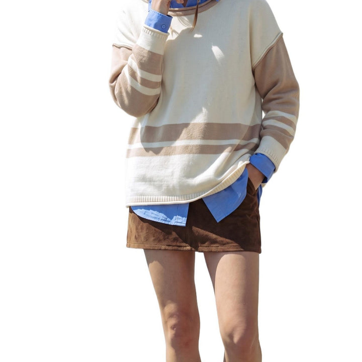 Ladies chunky knit sweater with sequin stripe, oversized fit & round neck Mune Fashion