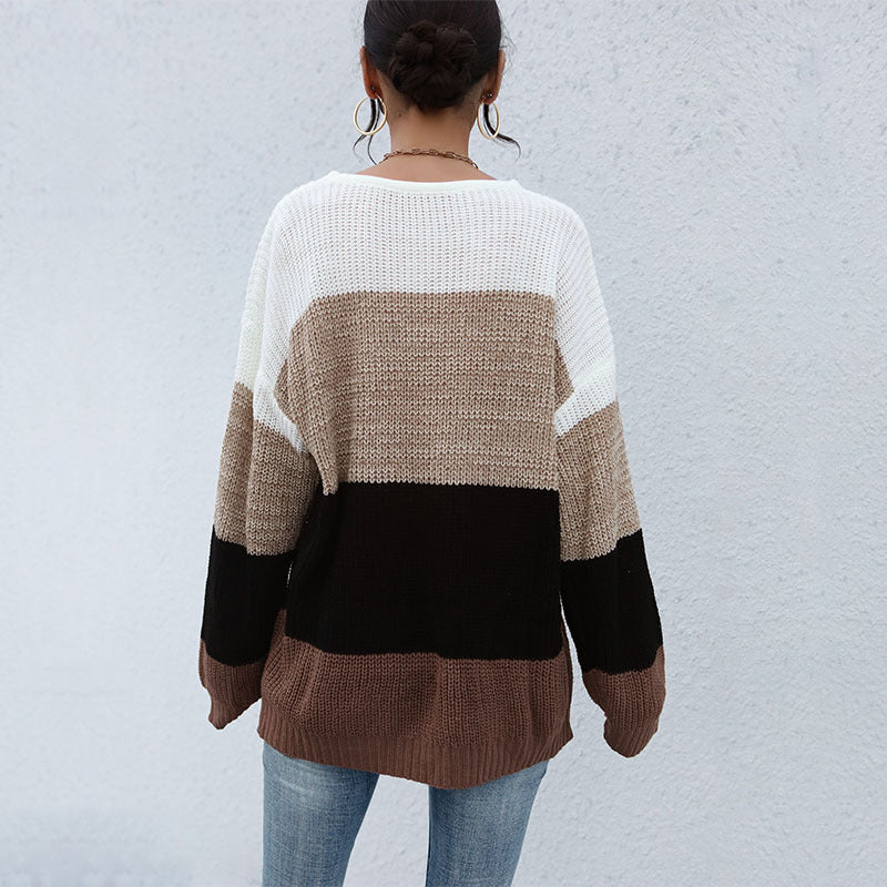 Women's Casual Color Block Knit Sweater with Open Stitch Structure and Round Neckline Mune Fashion