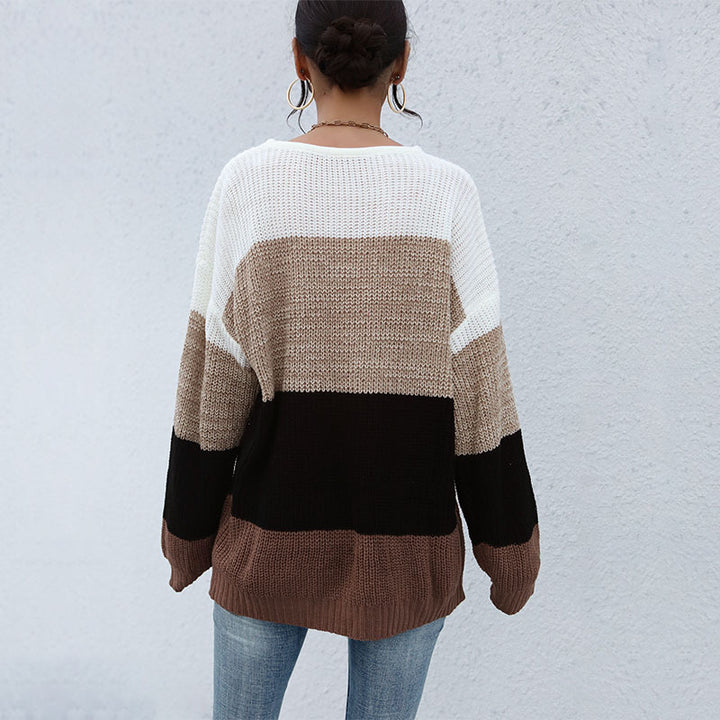 Women's Casual Color Block Knit Sweater with Open Stitch Structure and Round Neckline Mune Fashion