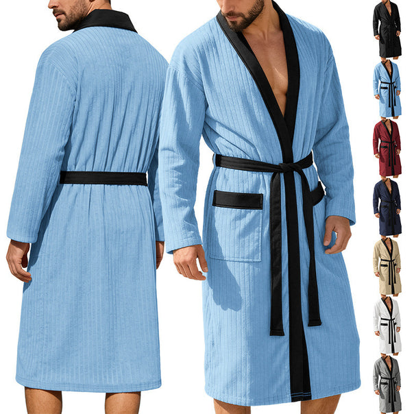 Men's knee-length ribbed kimono-style bathrobe with shawl collar and contrast piping Mune Fashion