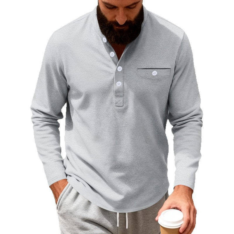 Men's long-sleeved Henley shirt with stand-up collar, breast pocket, and decorative button placket Mune Fashion