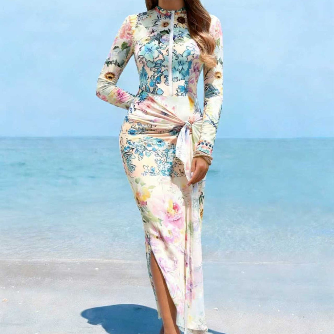 Women's Elegant Long Sleeve Beach Dress with Floral Design Mune Fashion