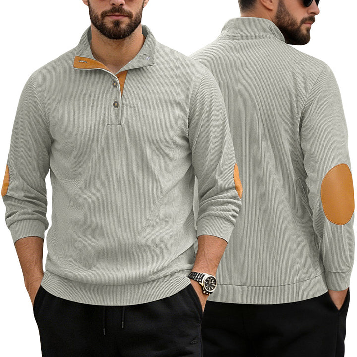 Men's casual structured sweater with polo collar, short button placket and vegan leather trims Mune Fashion