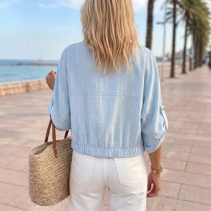 Women's Lightweight Chambray Boxy Jacket with Elastic Waistband, Snap Buttons, and Patch Chest Pockets Drune