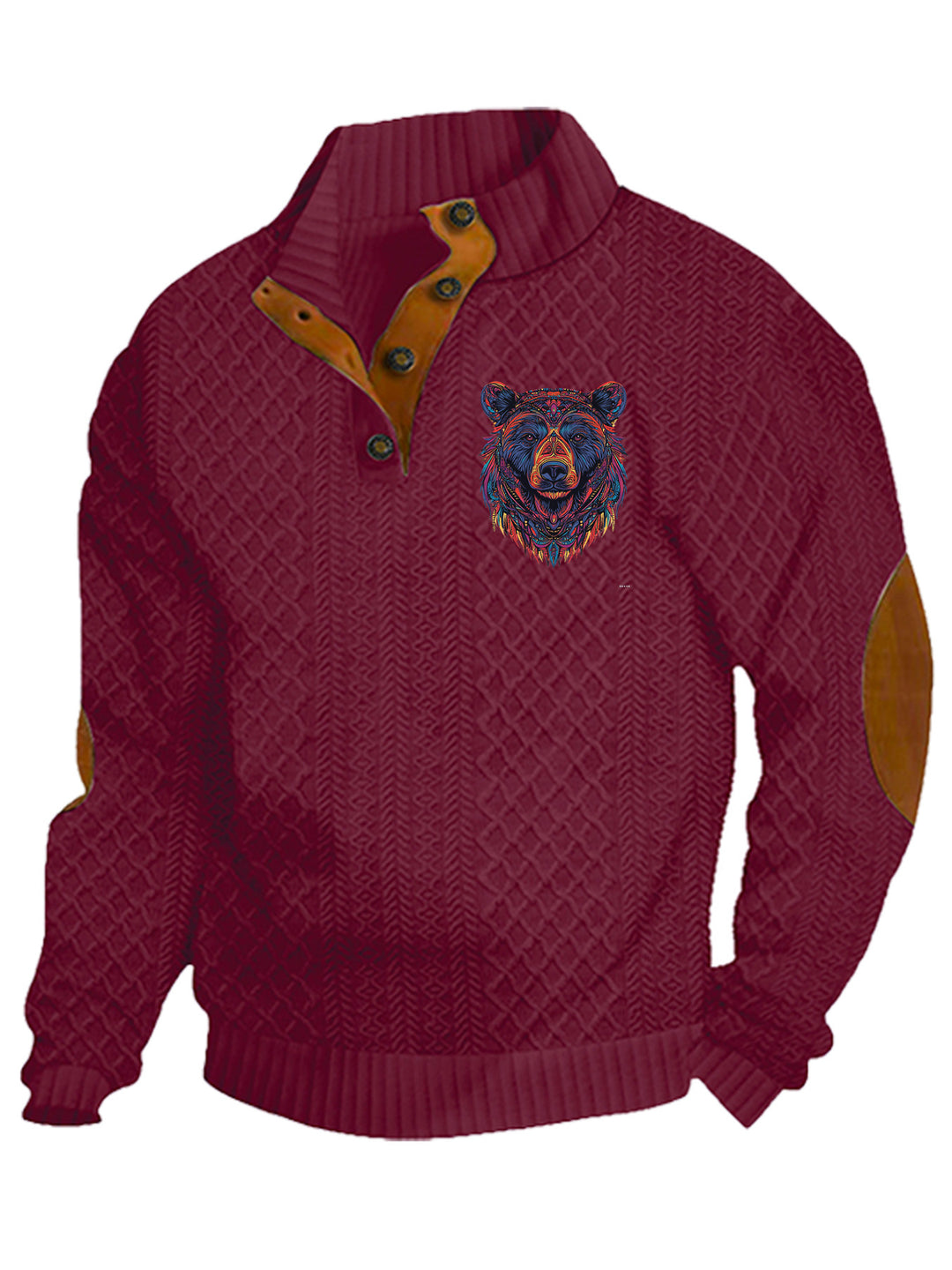 Men's nan Heritage textured pullover with stand-up collar faux leather trim elbow patches and half-button placket Mune Fashion