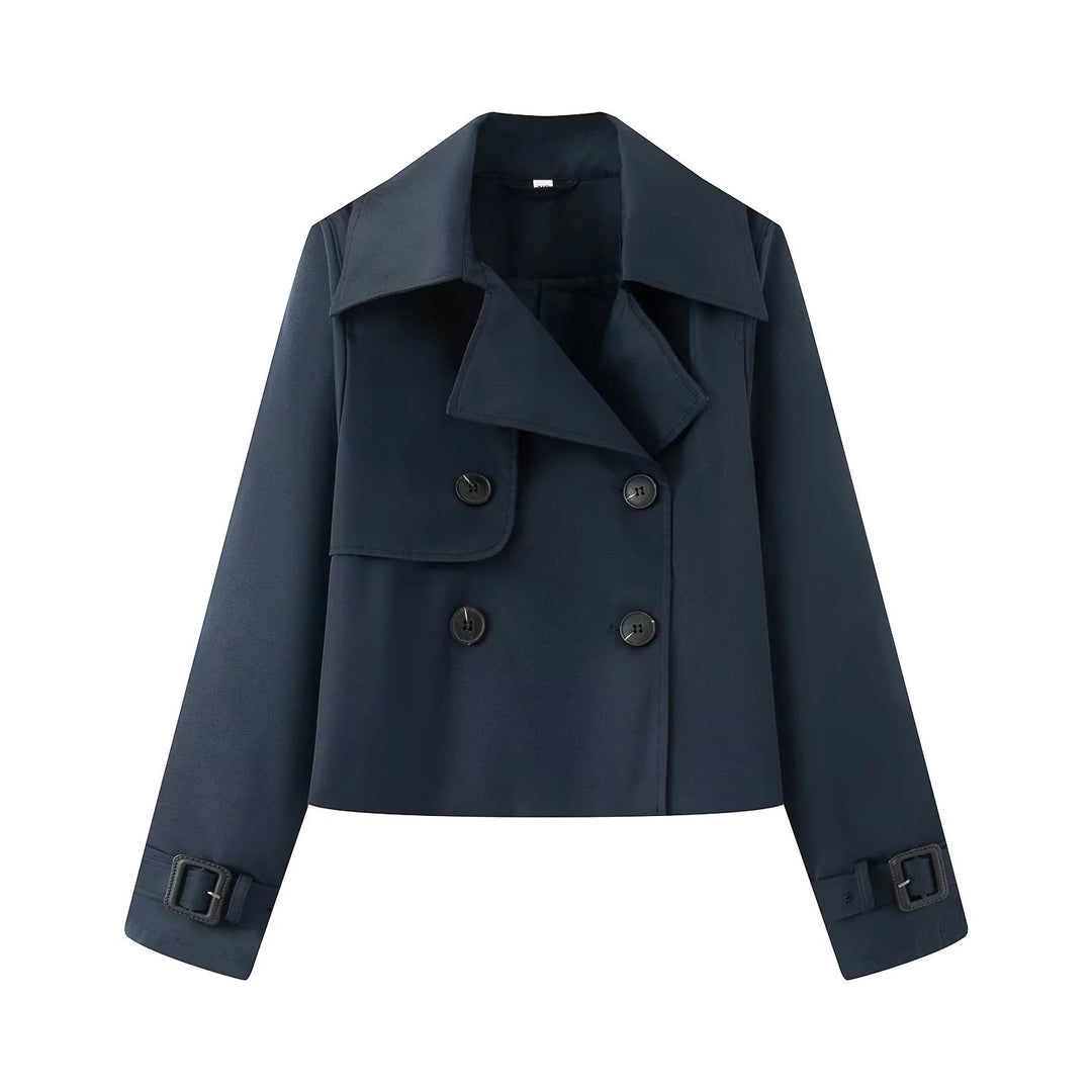 Women's short cropped trench coat with double-breasted button placket and adjustable sleeve straps Mune Fashion