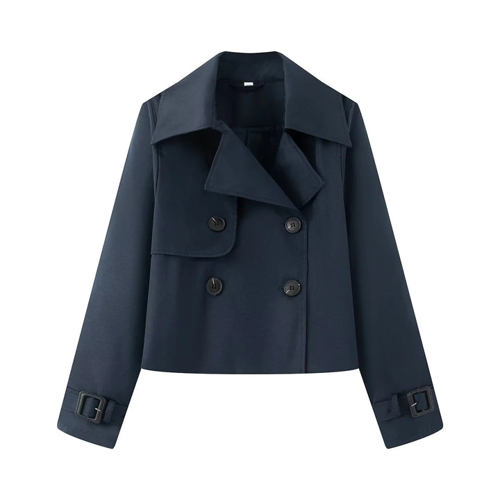 Women's short cropped trench coat with double-breasted button placket and adjustable sleeve straps Mune Fashion