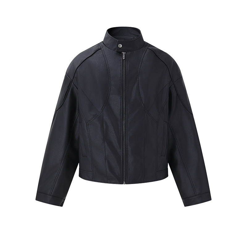 Men's Short Boxy Mock-Leather Jacket with Geometric Seam Design Mune Fashion