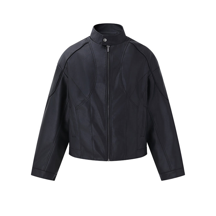 Men's Short Boxy Mock-Leather Jacket with Geometric Seam Design Mune Fashion
