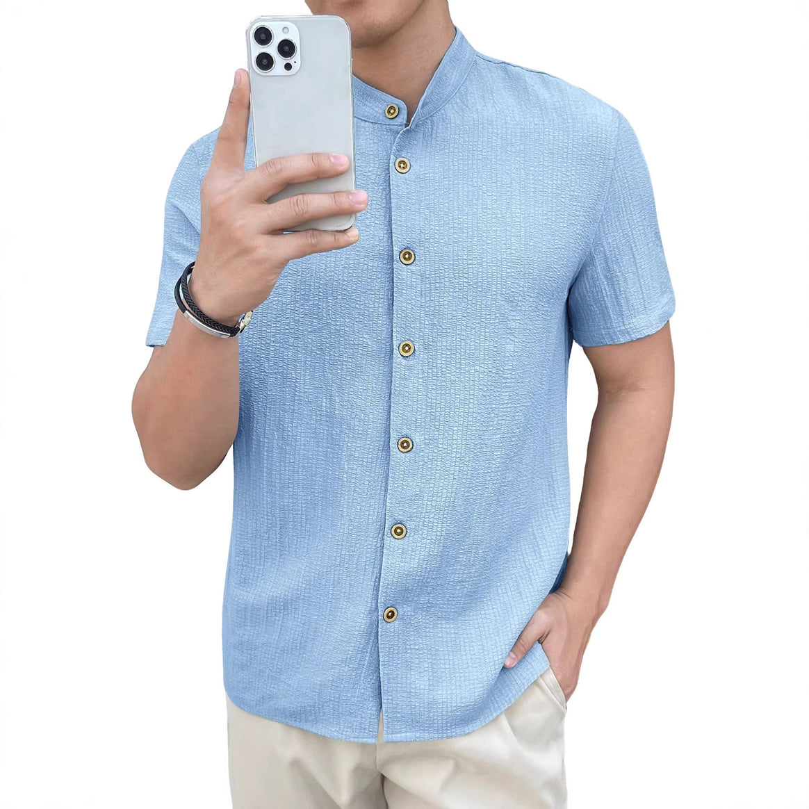 Men's lightweight wrinkle structure overshirt with rolled-up sleeves relaxed overshirt silhouette Mune Fashion