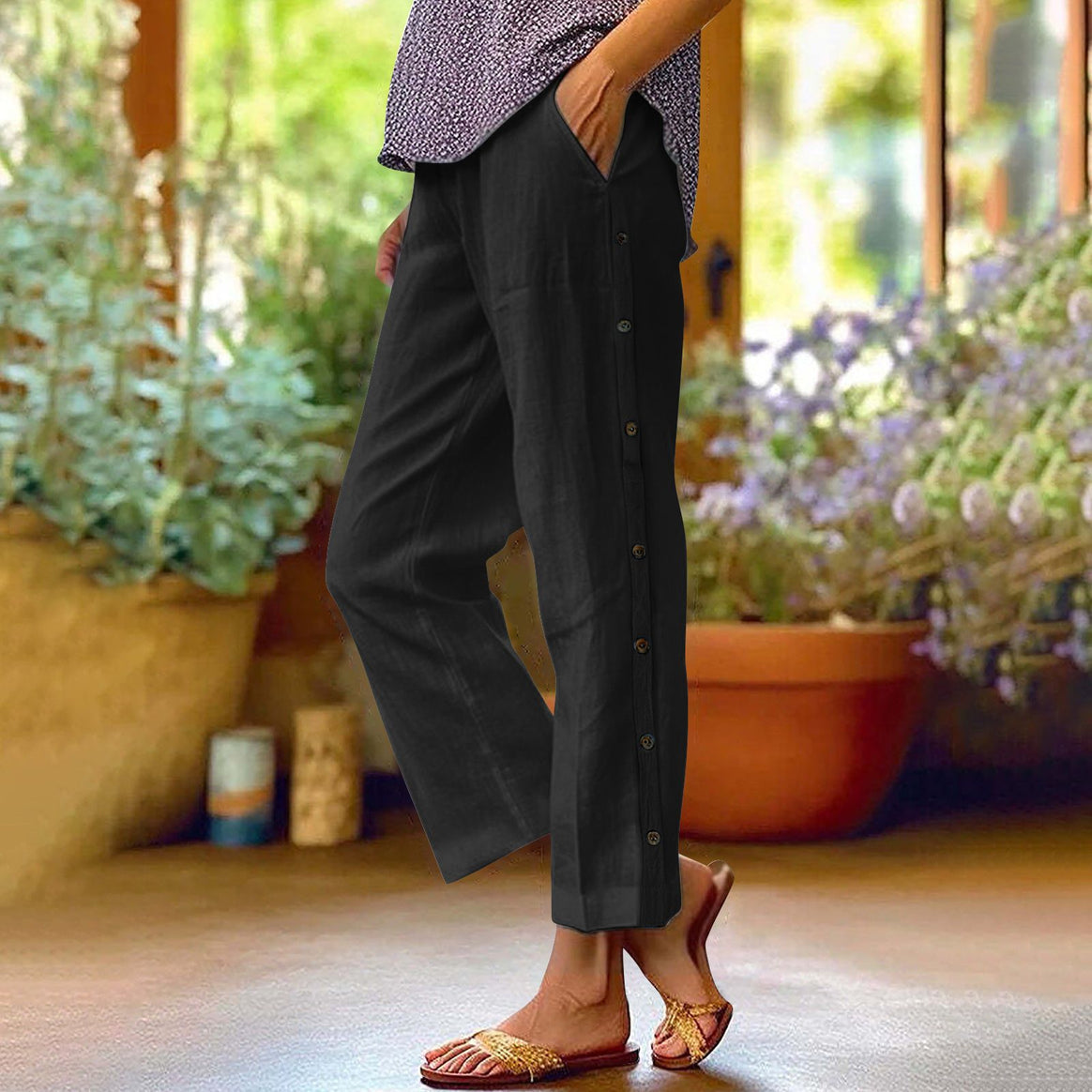 Ladies Light Relaxed Pants with Side Button Placket and Insert Pockets Mune Fashion