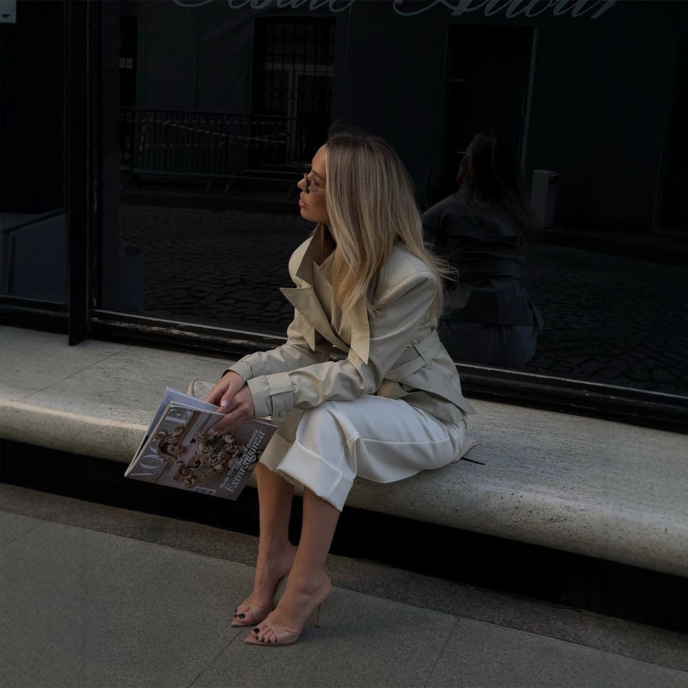 Ladies Short Tailored Trench Coat with Tie Belt and Sculpted Shoulder Silhouette Mune Fashion
