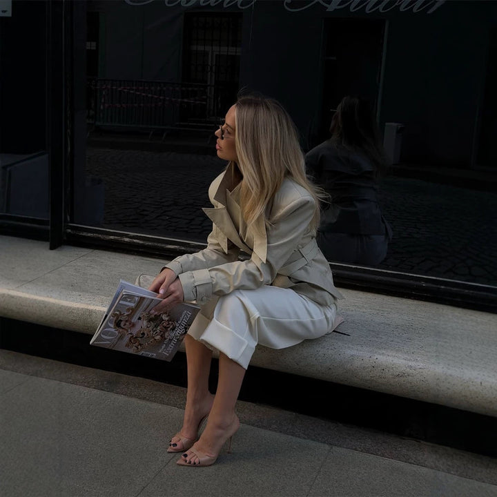 Ladies Short Tailored Trench Coat with Tie Belt and Sculpted Shoulder Silhouette Mune Fashion