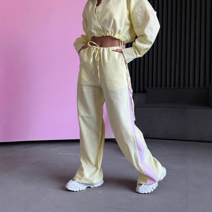 Women's short shirt with drawstring and wide high-cut linen pants set Mune Fashion