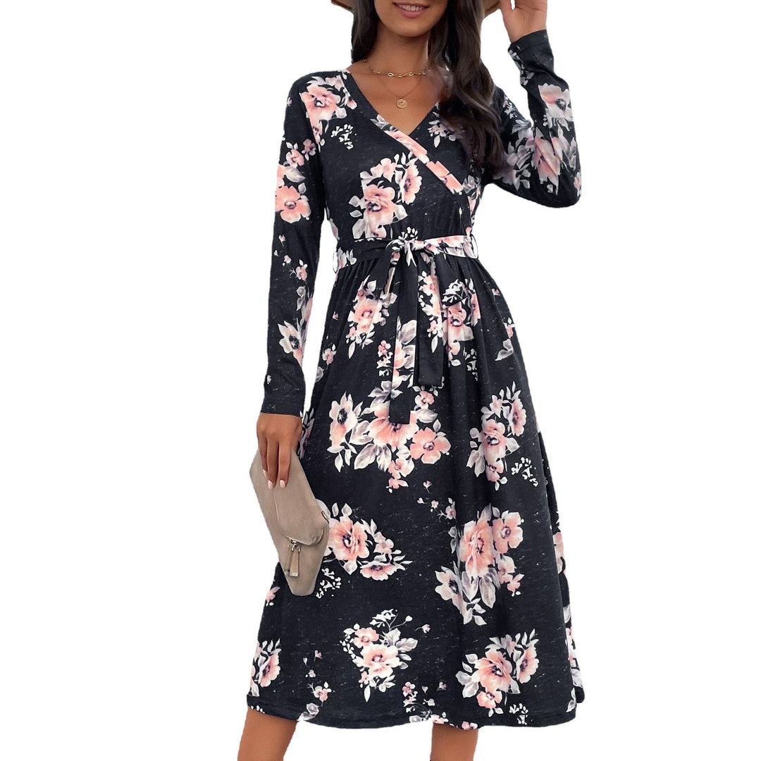 Women Floral Wrap Midi Dress with V-Neck, Waist Belt and Flared Skirt Mune Fashion