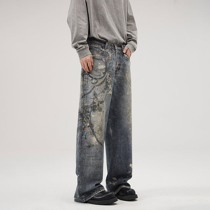 Men's Loose Fit Stonewashed Denim Jeans with Chain Print, Color Splatter and Floor-Length Hem Mune Fashion