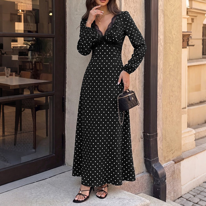Women's Polka-Dot Maxi Dress with Lace V-Neck, Empire Waistline, and Long Flowing Skirt Mune Fashion