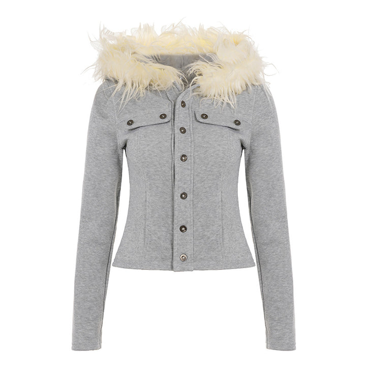 Women's short cut hoodie with faux fur hood, zipper and fitted cuff Mune Fashion