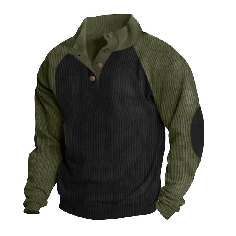 Men's thermal cord pullover with button placket, stand collar, raglan sleeves, and elbow patches Mune Fashion