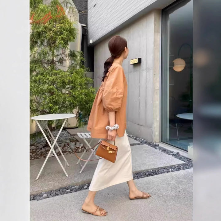 Women's Loose Cotton Blouse with 3/4 Balloon Sleeves and Rounded Hem Mune Fashion