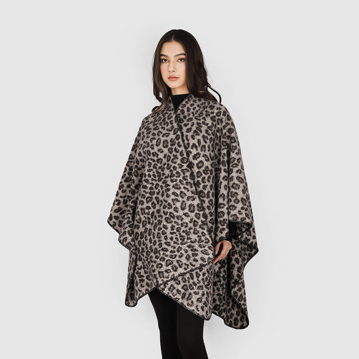 Women's Rectangular Wrap Ruana with Leopard Boucle and Fine Overlock Edging Mune Fashion