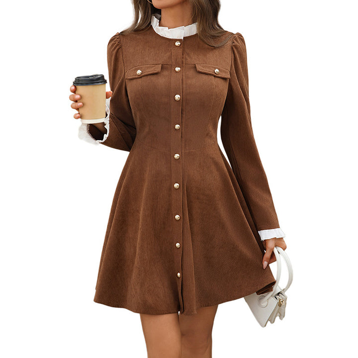 Women's cord dress with pearl button placket, fitted A-line and frill collar Mune Fashion