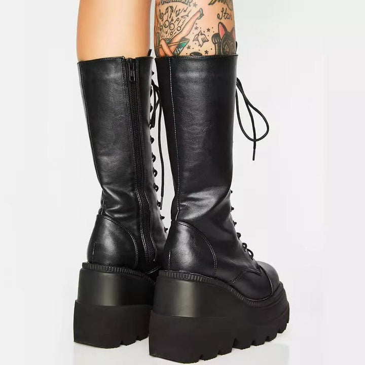 Mune | Women's High-Quality Lace-Up Boots with Platform Heel and Side Zipper