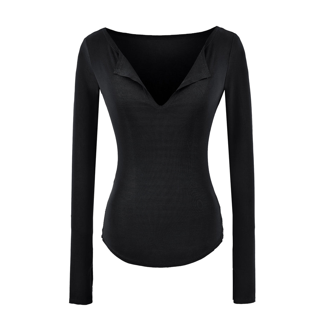 Women's fitted ribbed knit long sleeve with deep V-neck and collar trim Mune Fashion