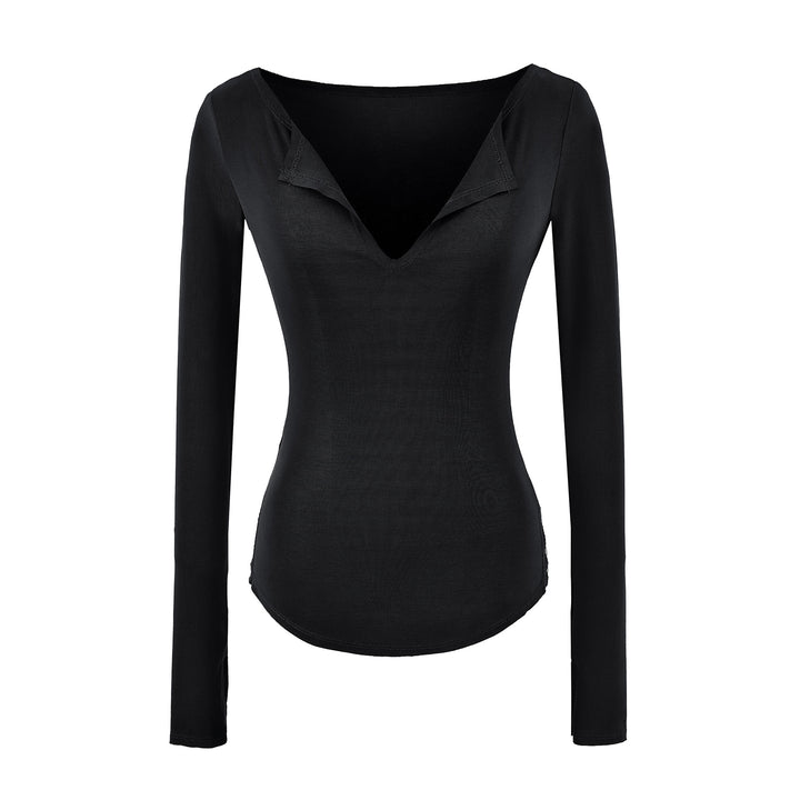 Women's fitted ribbed knit long sleeve with deep V-neck and collar trim Mune Fashion