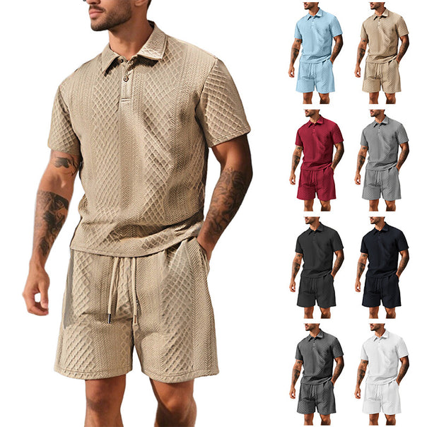 Men's elegant leisure two-piece made of textured knit with polo collar short-sleeve shirt and drawstring Bermuda Mune Fashion