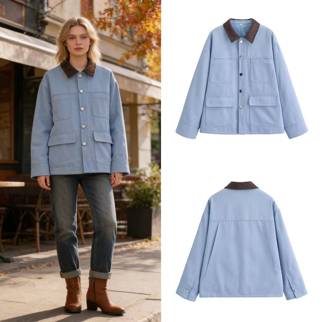 Women's Boxy Work Jacket with Cord Collar and Four Patch Pockets Mune Fashion