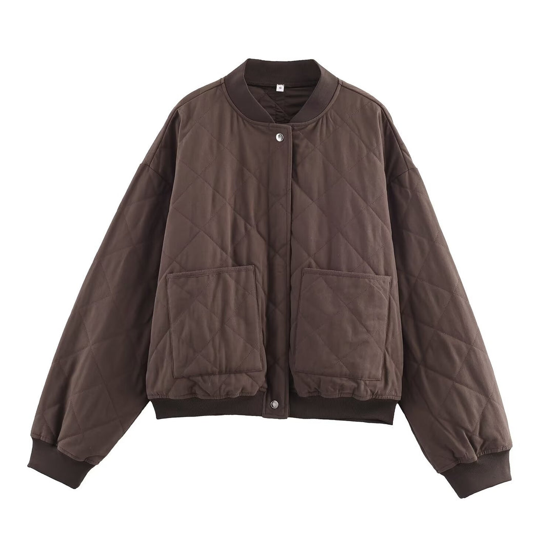 Women Oversized Quilted Blouson with Raglan Sleeves and Patch Pockets Mune Fashion