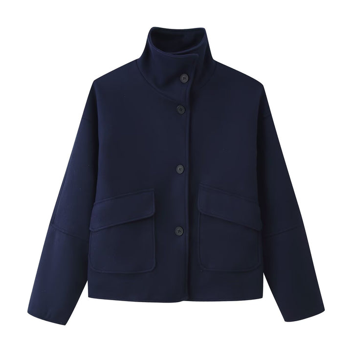 Women's Boxy Short Jacket made of Wool Blend with Stand-up Collar and Flap Pockets Mune Fashion