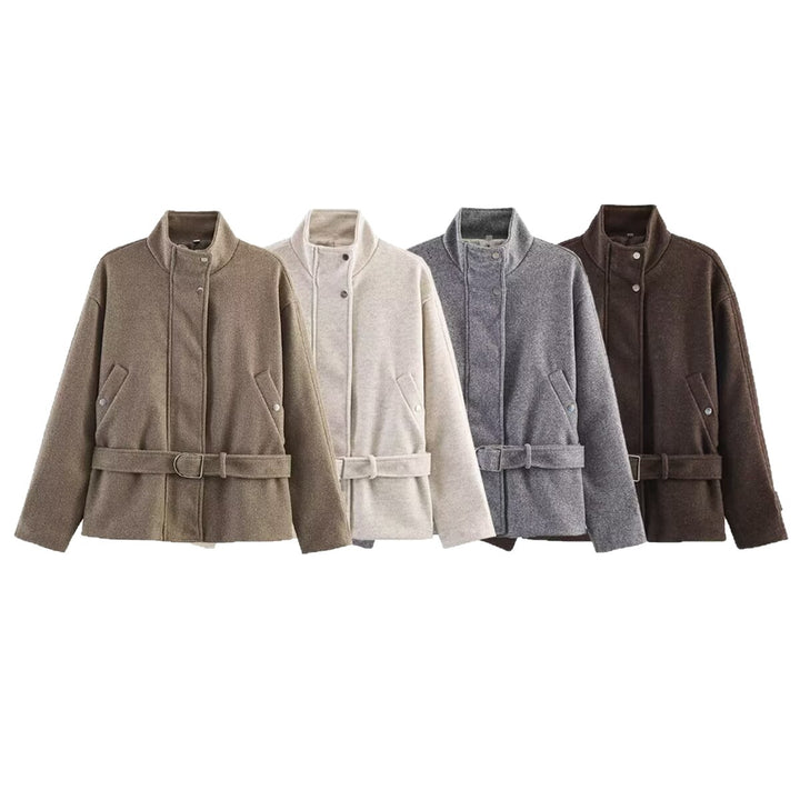 Ladies Short Wool Blend Transitional Jacket with Waist Belt and Stand-Up Collar Mune Fashion