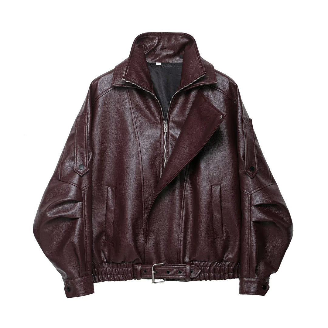 Women Oversized Leather Jacket in Bomber Style with Waist Belt Mune Fashion