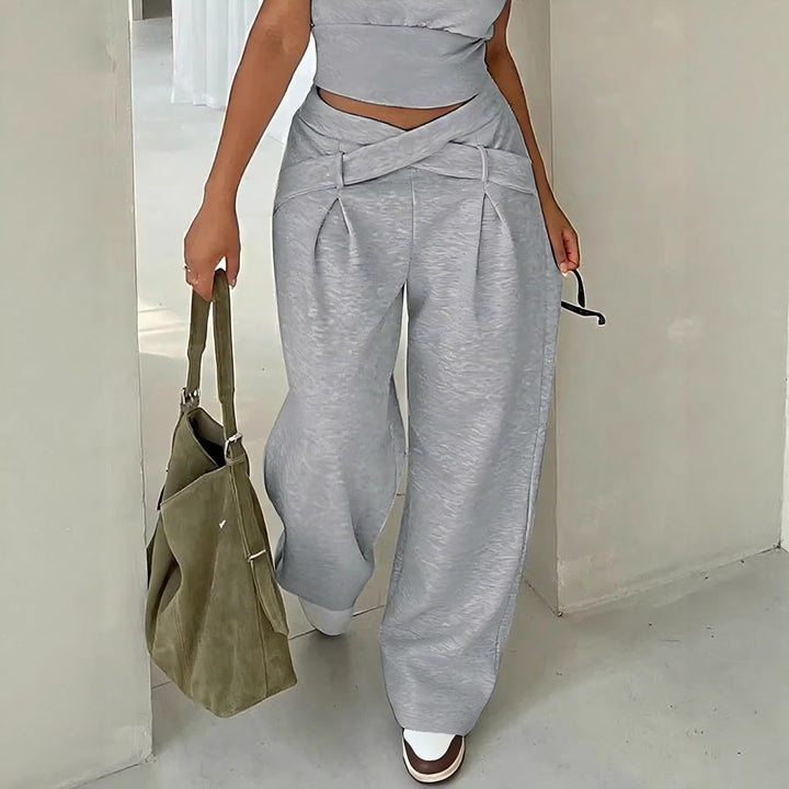 Women's Loose High-Waist Pants with Wrap Waistband, Decorative Belt and Waist Cut Drune